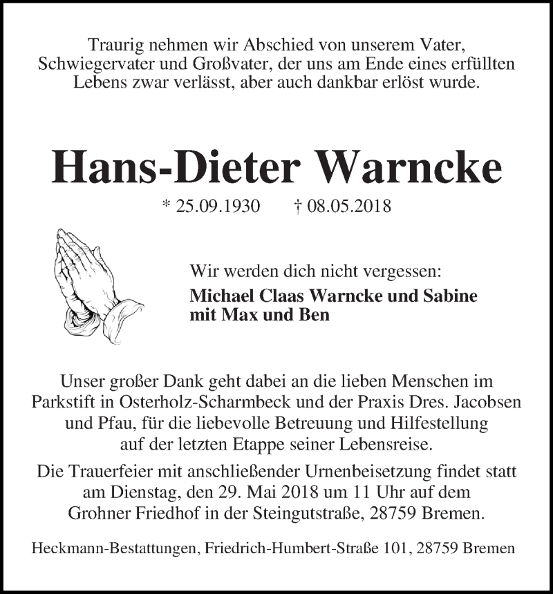 Traueranzeige von Hans-Dieter Warncke von WESER-KURIER