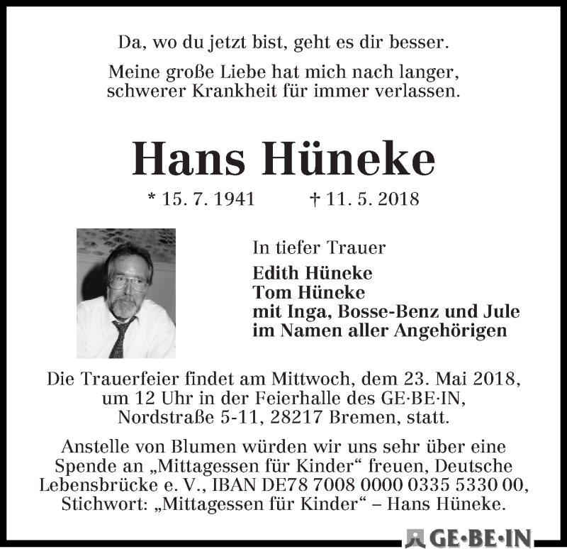 Traueranzeige von Hans Hüneke von WESER-KURIER