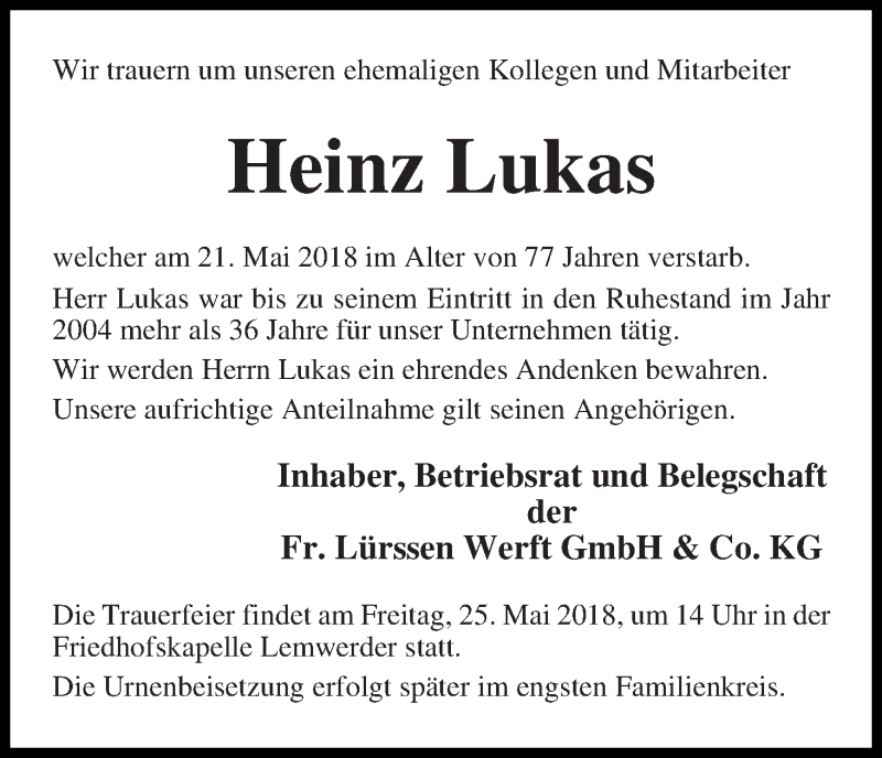 Traueranzeige von Heinz Lukas von Die Norddeutsche