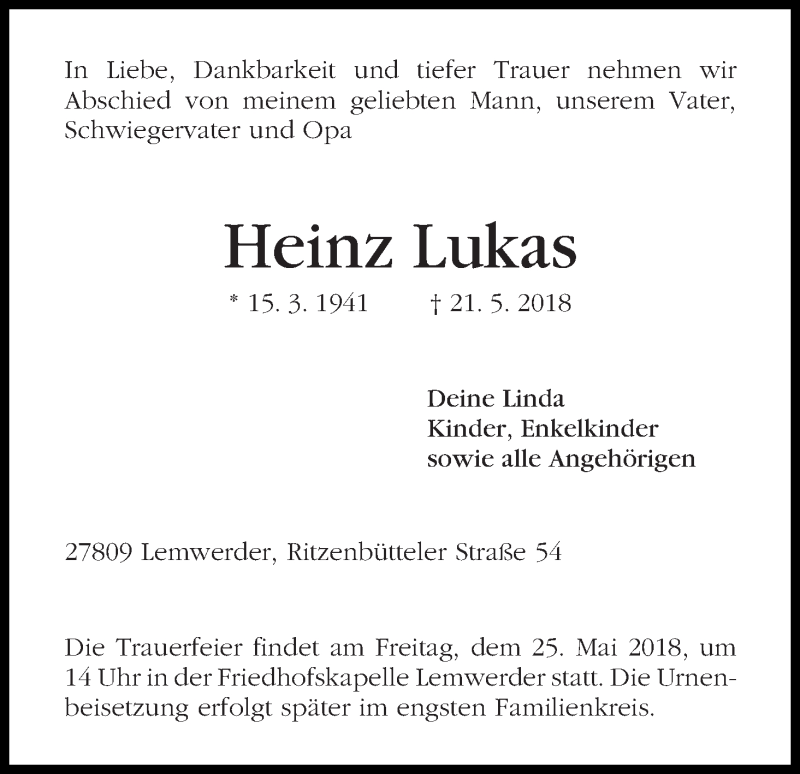 Traueranzeige von Heinz Lukas von Die Norddeutsche