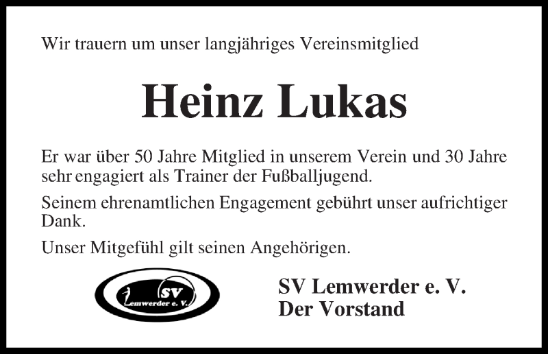 Traueranzeige von Heinz Lukas von Die Norddeutsche