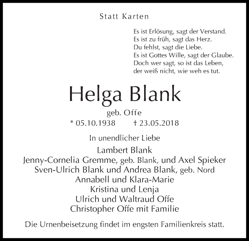 Traueranzeige von Helga Blank von WESER-KURIER