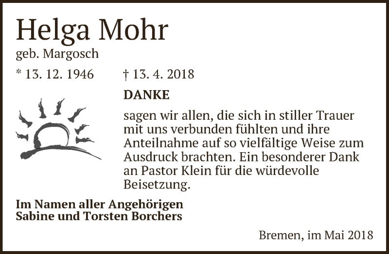 Traueranzeige von Helga Mohr von Die Norddeutsche
