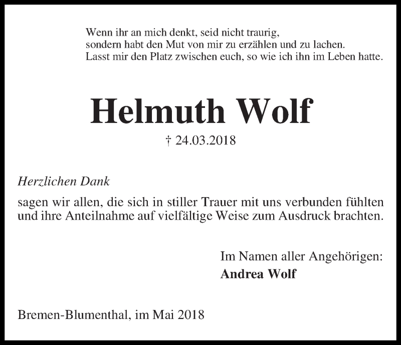 Traueranzeige von Helmuth Wolf von Die Norddeutsche