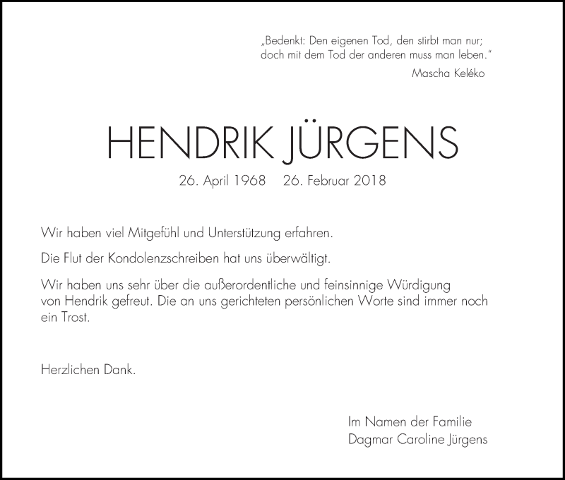 Traueranzeige von Hendrik Jürgens von WESER-KURIER