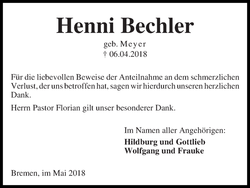Traueranzeige von Henni Bechler von Die Norddeutsche