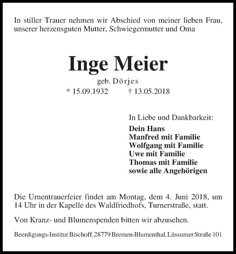 Traueranzeige von Inge Meier von Die Norddeutsche