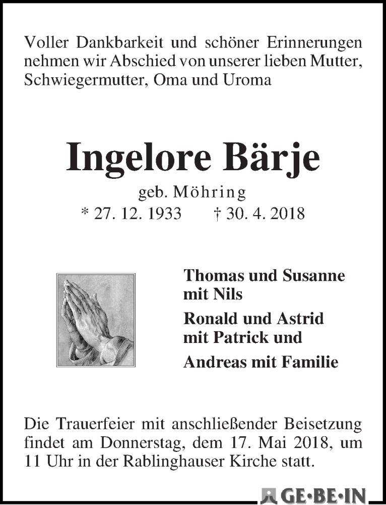Traueranzeige von Ingelore Bärje von WESER-KURIER