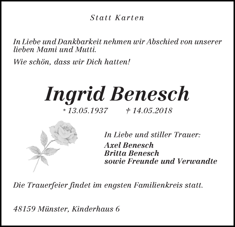 Traueranzeige von Ingrid Benesch von WESER-KURIER