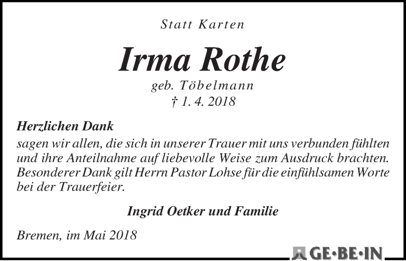 Traueranzeige von Irma Rothe von WESER-KURIER