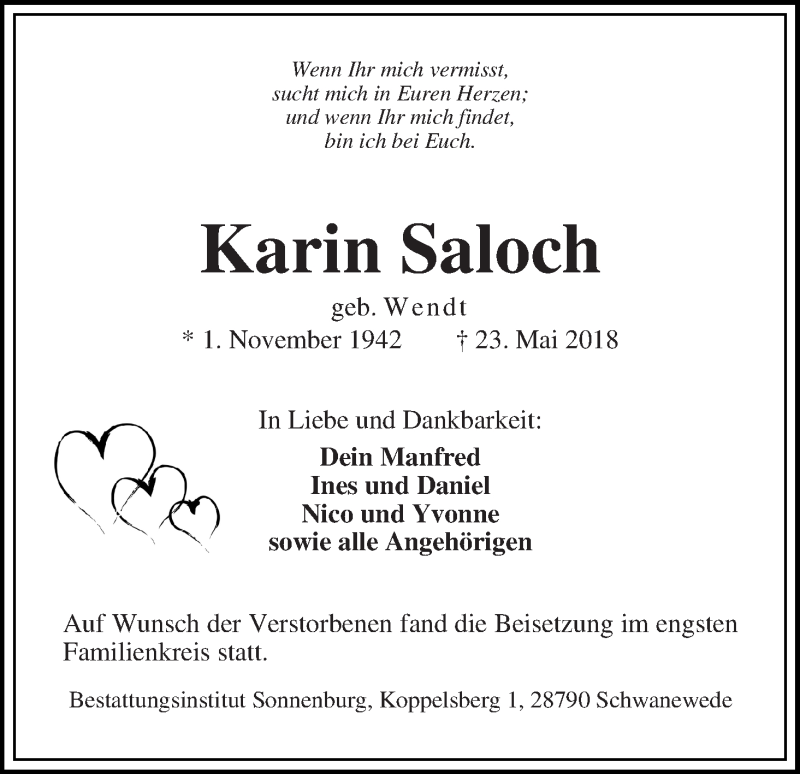 Traueranzeige von Karin Saloch von Die Norddeutsche