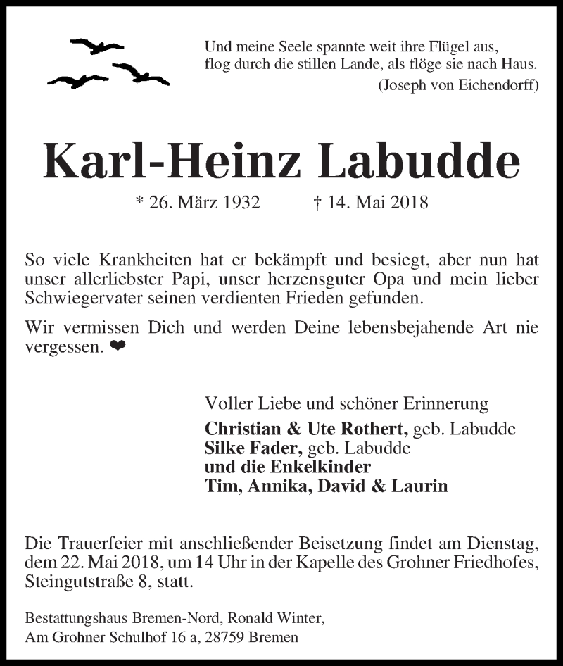 Traueranzeige von Karl-Heinz Labudde von Die Norddeutsche