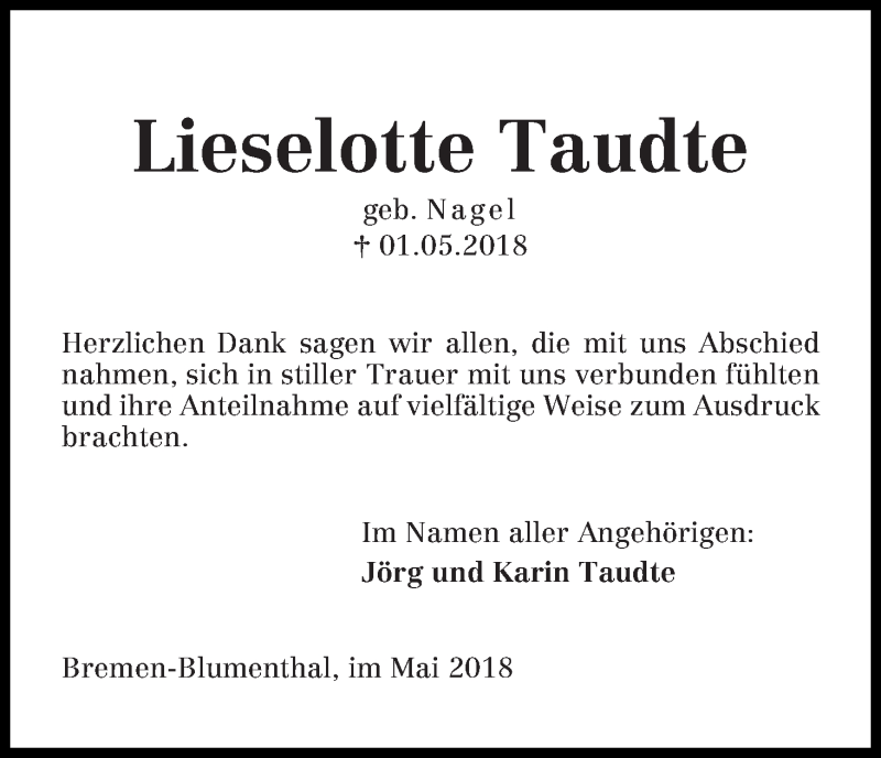 Traueranzeige von Lieselotte Taudte von Die Norddeutsche