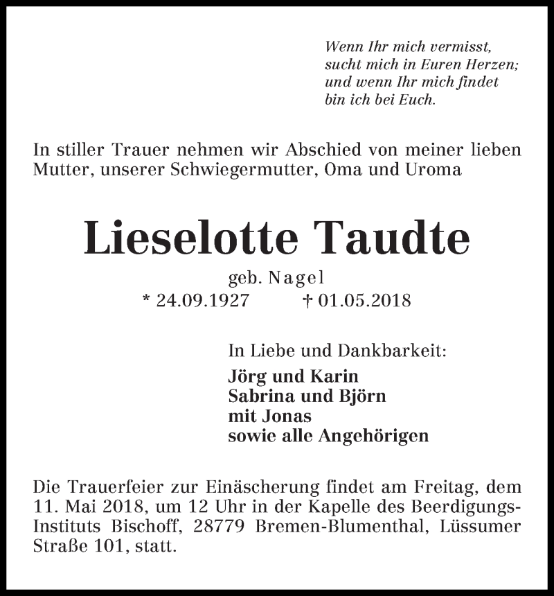 Traueranzeige von Lieselotte Taudte von Die Norddeutsche