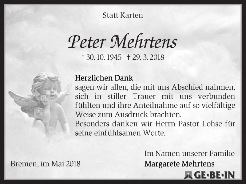 Traueranzeige von Peter Mehrtens von WESER-KURIER