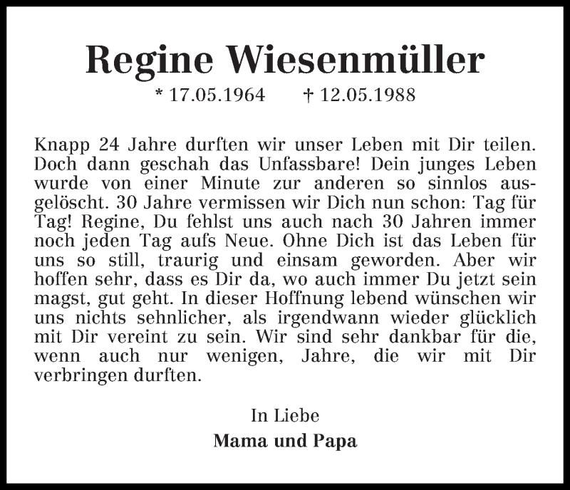 Traueranzeige von Regine Wiesenmüller von WESER-KURIER