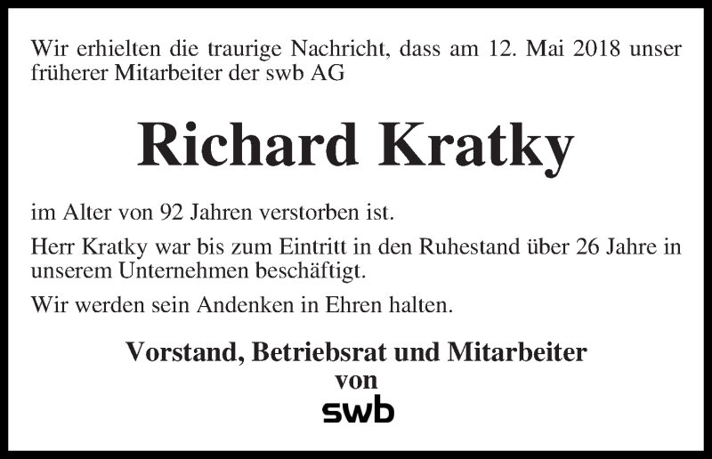 Traueranzeige von Richard Kratky von WESER-KURIER