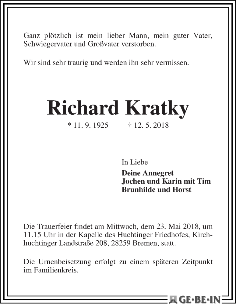 Traueranzeige von Richard Kratky von WESER-KURIER