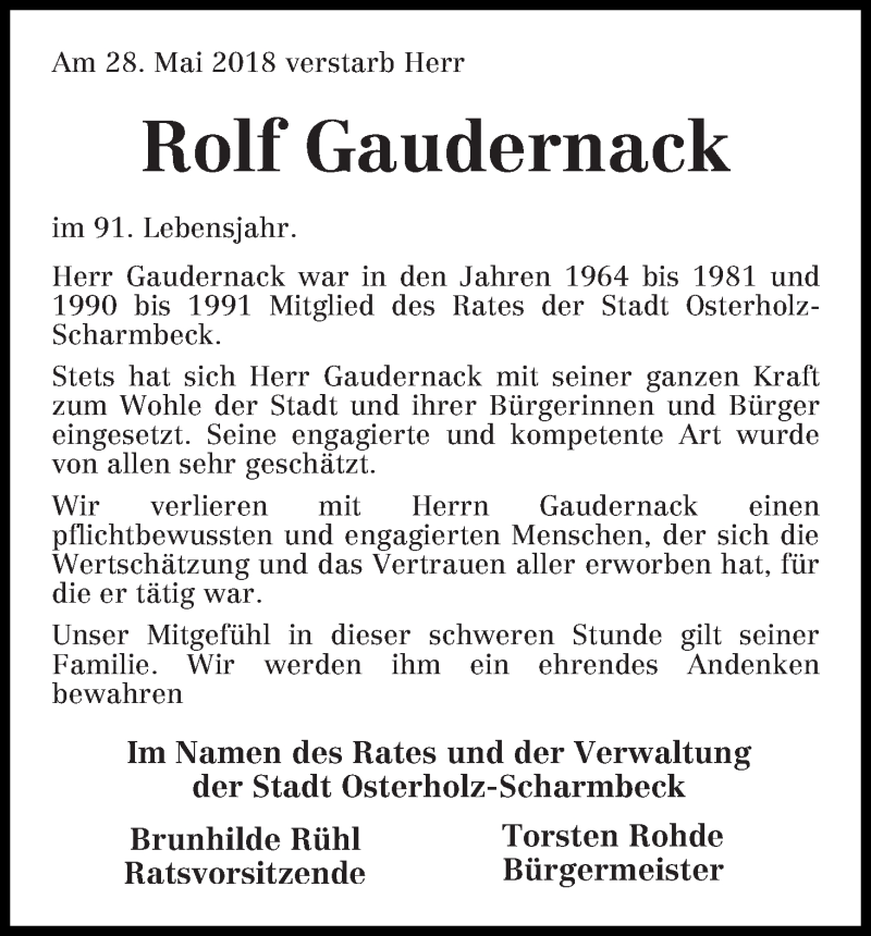 Traueranzeige von Rolf Gaudernack von Osterholzer Kreisblatt