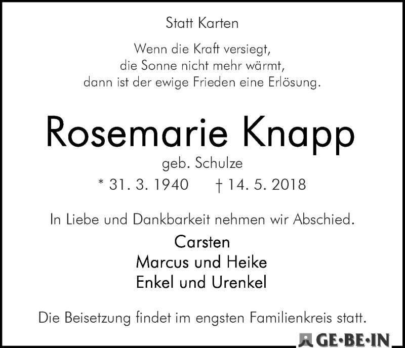 Traueranzeige von Rosemarie Knapp von WESER-KURIER