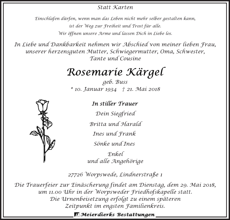 Traueranzeige von Rosemarie Kärgel von Wuemme Zeitung