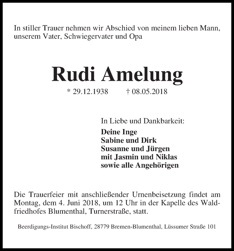Traueranzeige von Rudi Amelung von Die Norddeutsche