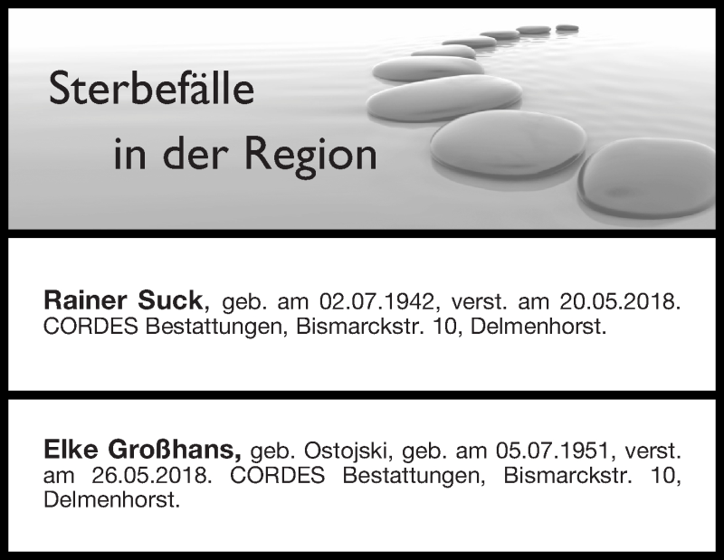 Traueranzeige von Sterbefälle in der Region Ausgabe 29.05.2018 von Delmenhorster Kurier