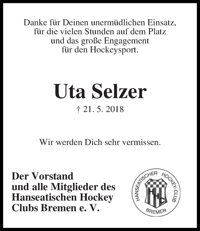 Traueranzeige von Uta Selzer von WESER-KURIER