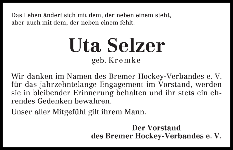 Traueranzeige von Uta Selzer von WESER-KURIER