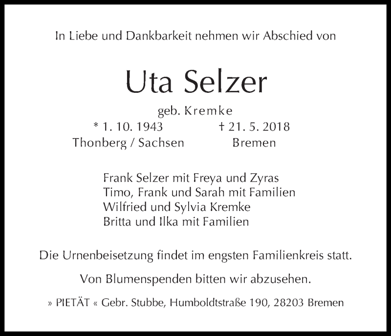 Traueranzeige von Uta Selzer von WESER-KURIER