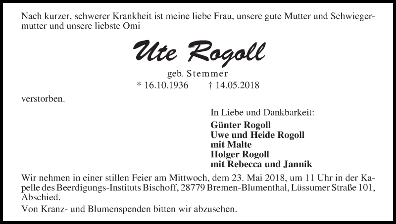 Traueranzeige von Ute Rogoll von Die Norddeutsche