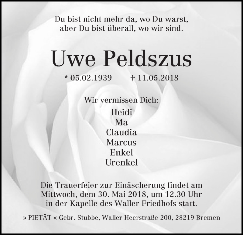 Traueranzeige von Uwe Peldszus von WESER-KURIER