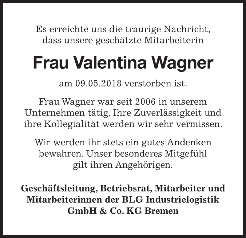 Traueranzeige von Valentina Wagner von WESER-KURIER