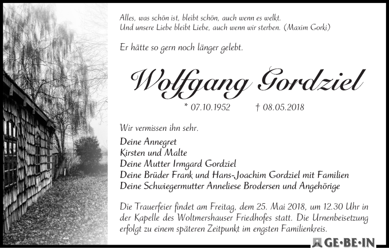 Traueranzeige von Wolfgang Gordziel von WESER-KURIER