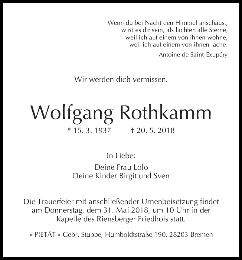 Traueranzeige von Wolfgang Rothkamm von WESER-KURIER