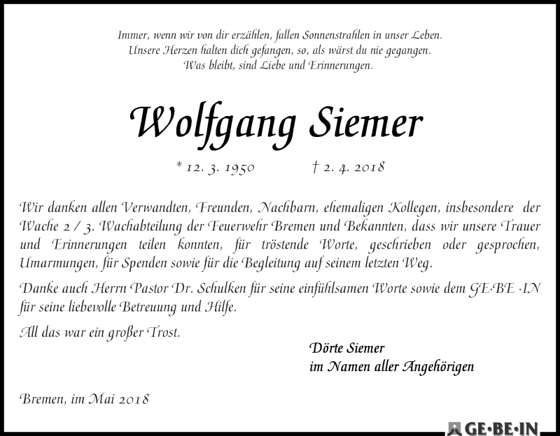 Traueranzeige von Wolfgang Siemer von WESER-KURIER