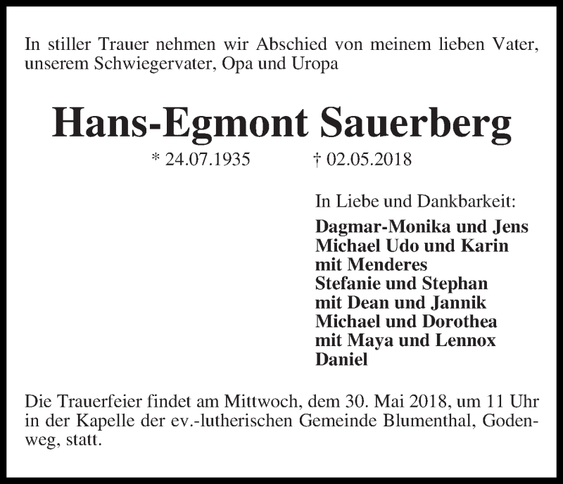 Traueranzeige von Hans-Egmont Sauerberg von Die Norddeutsche