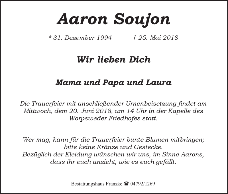 Traueranzeige von Aaron Soujon von Wuemme Zeitung