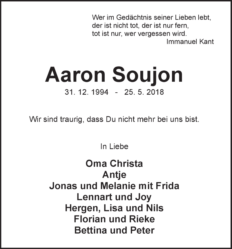 Traueranzeige von Aaron Soujon von Wuemme Zeitung
