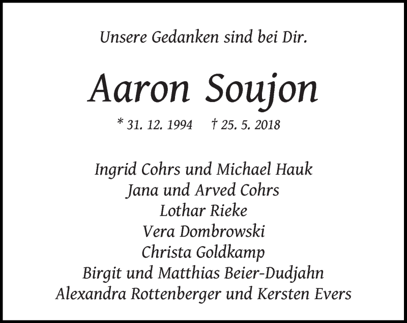 Traueranzeige von Aaron Soujon von Wuemme Zeitung