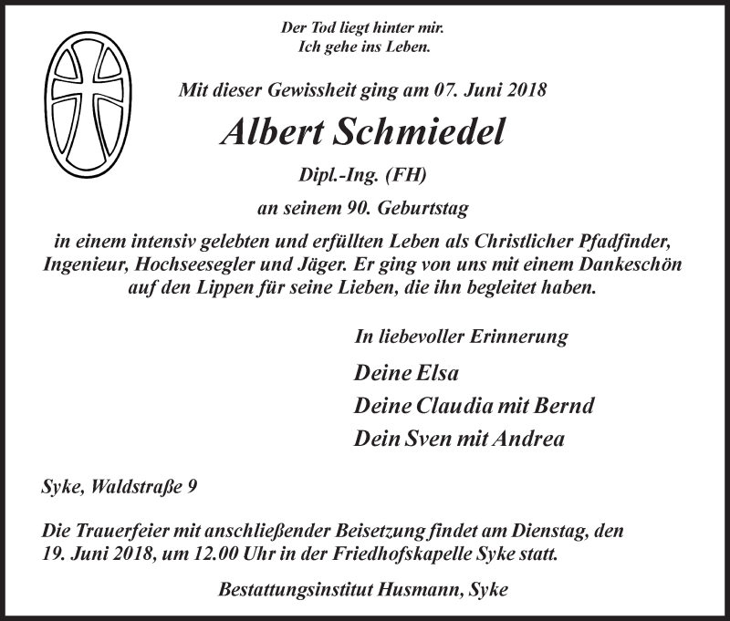 Traueranzeige von Albert Schmiedel von Regionale Rundschau/Syker Kurier