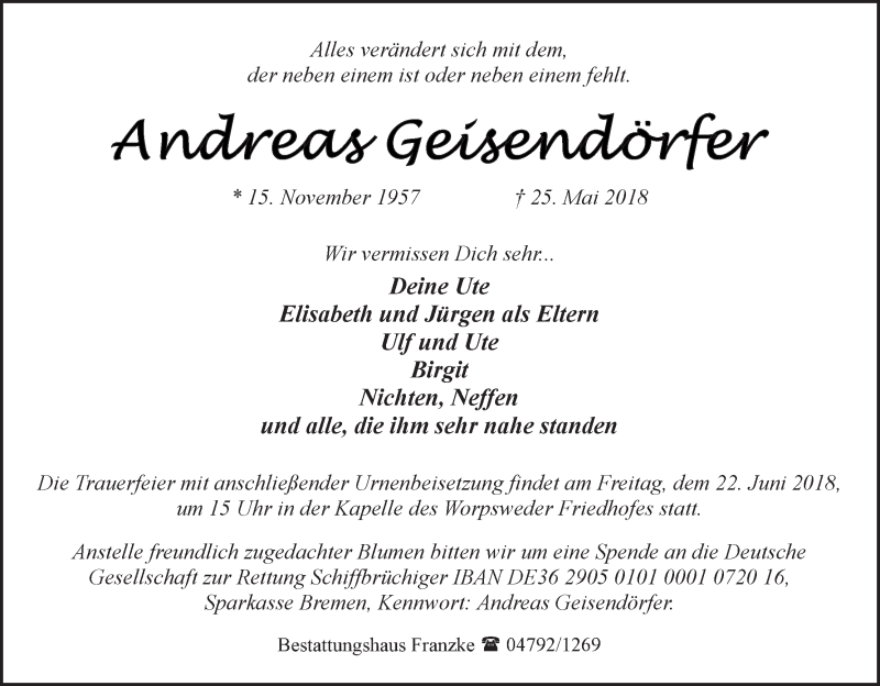 Traueranzeige von Andreas Geisendörfer von Wuemme Zeitung