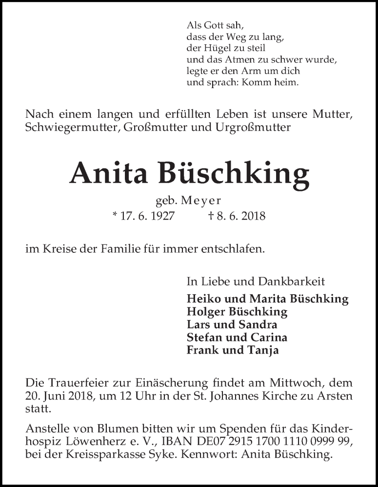 Traueranzeige von Anita Büschking von WESER-KURIER