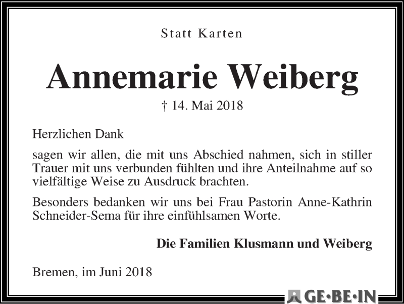 Traueranzeige von Annemarie Weiberg von WESER-KURIER