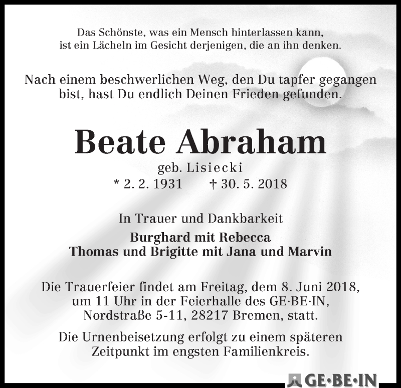 Traueranzeige von Beate Abraham von WESER-KURIER
