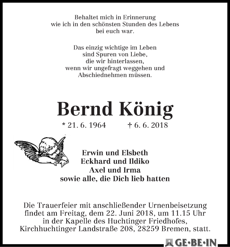 Traueranzeige von Bernd König von WESER-KURIER
