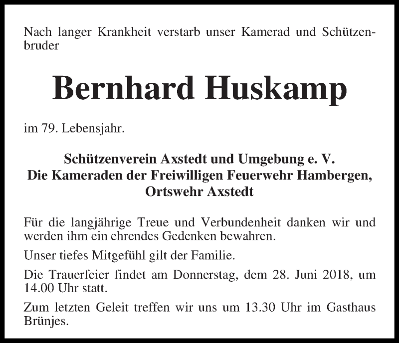 Traueranzeige von Bernhard Huskamp von Osterholzer Kreisblatt