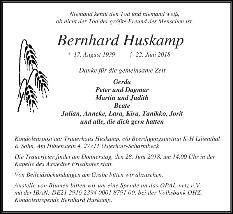 Traueranzeige von Bernhard Huskamp von Osterholzer Kreisblatt