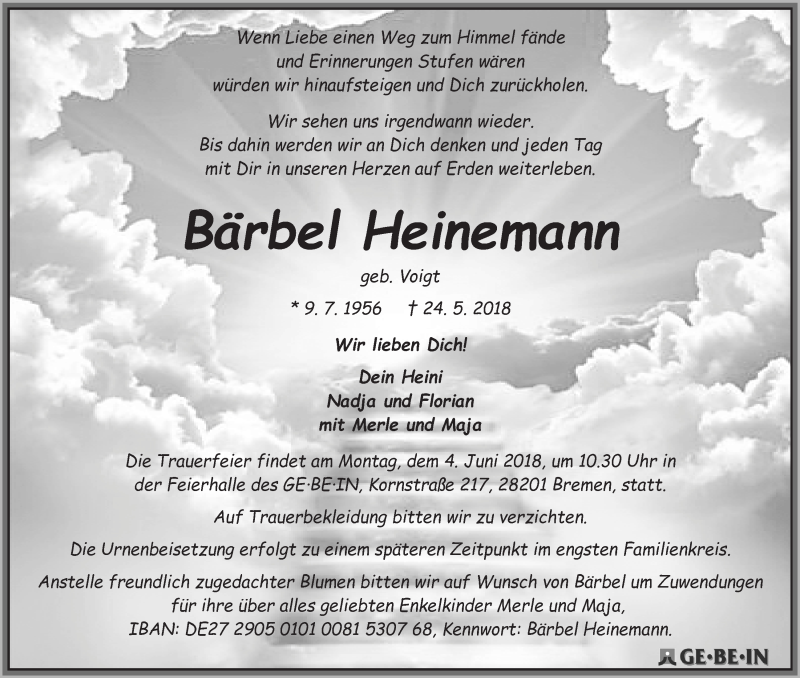 Traueranzeige von Bärbel Heinemann von WESER-KURIER