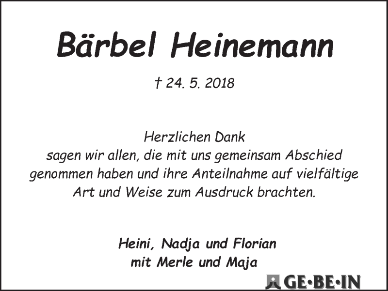 Traueranzeige von Bärbel Heinemann von WESER-KURIER